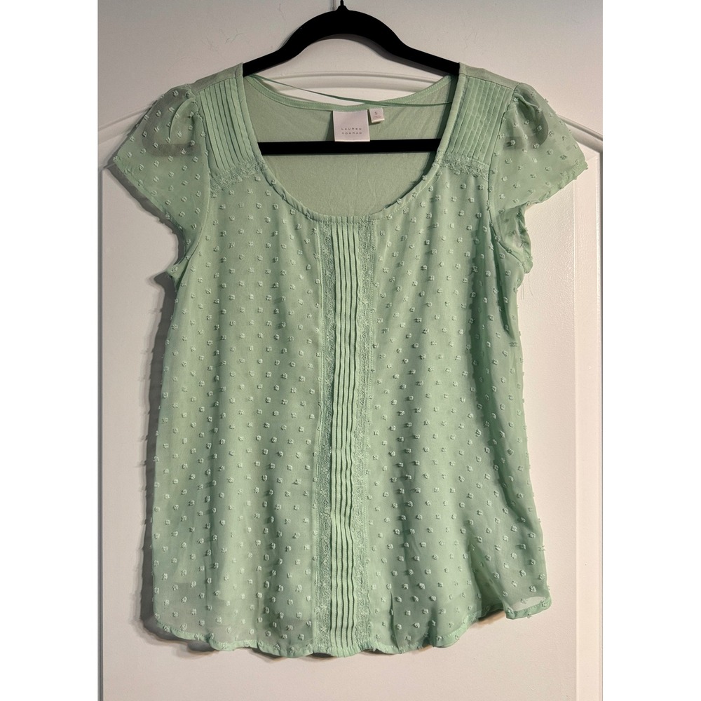 Lauren Conrad Blouse Women Size S Mint Green Excellent Swiss Dot Pintuck Lace